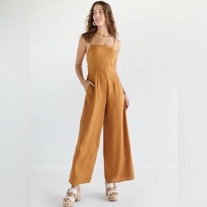 Audrey Parks Francescas Mustard Tan Linen Wide Leg Tie Back Resort Jumpsuit NWT